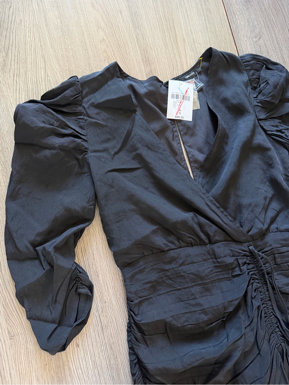Forever 21 Black Ruched Wrap Mini Dress with Puff Sleeves - Picture 5 of 11